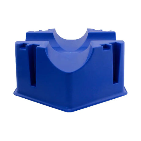 Blue plastic waldhausen jump block with u-shaped cutout and vertical slots for easy storage and use
