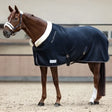 Navy blue waldhausen modern rose horse blanket with white fleece lining black straps and rose gold fur collar details