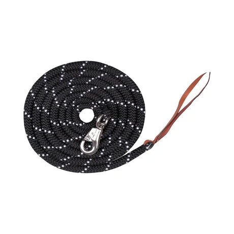 Black rope waldhausen western leadrope with white reflective dots silver clasp and brown leather handle
