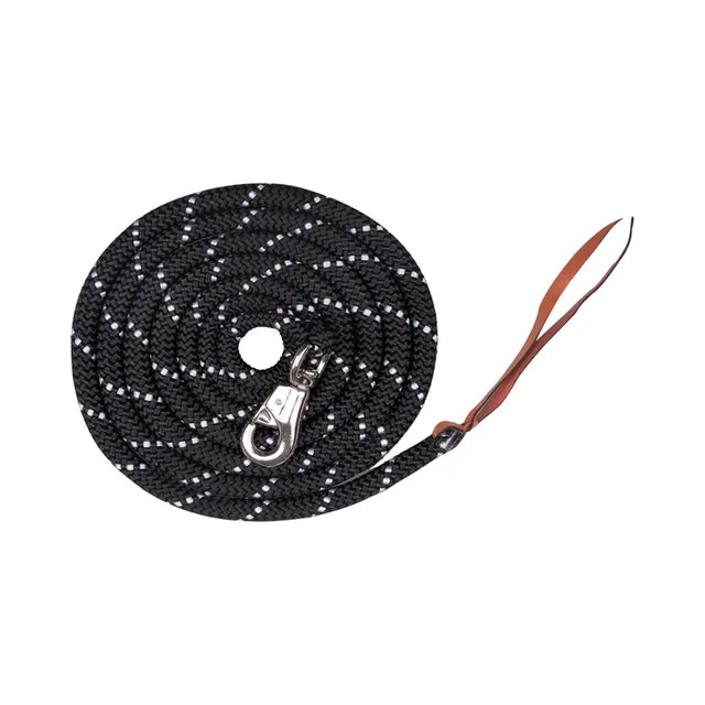 Black rope waldhausen western leadrope with white reflective dots silver clasp and brown leather handle