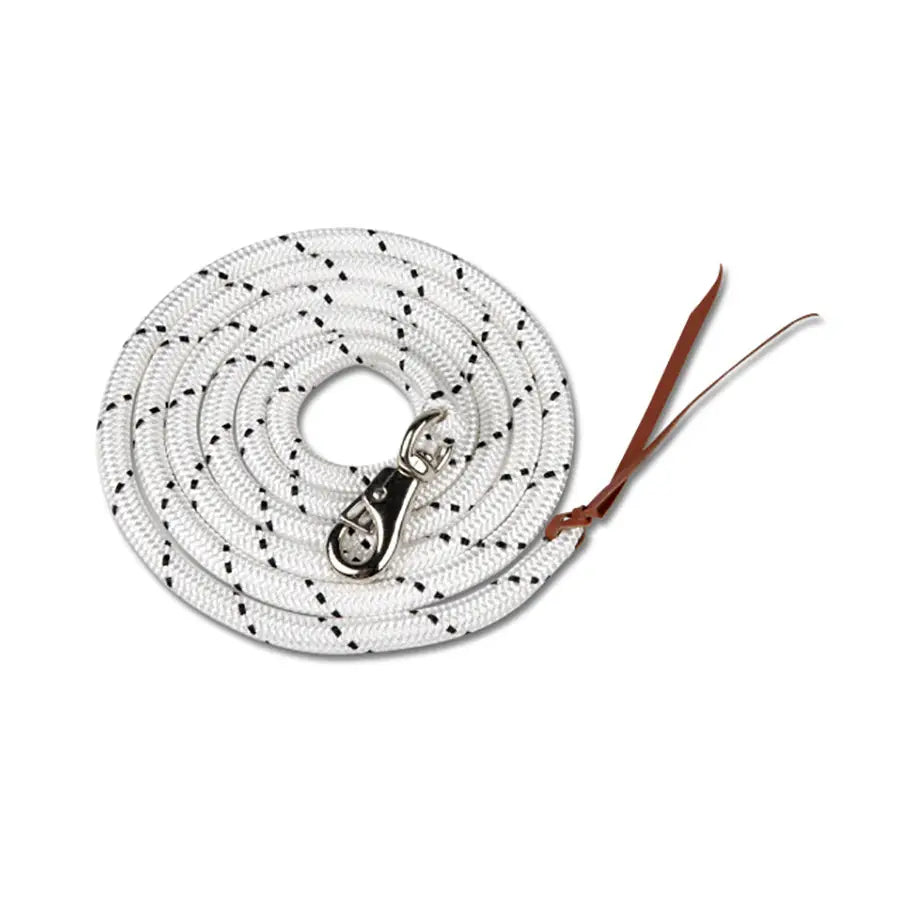 White rope waldhausen western leadrope with black diamond patterns silver clasp and brown leather strap