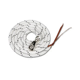 White rope waldhausen western leadrope with black diamond patterns silver clasp and brown leather strap