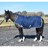 Navy blue walker lunge rug by rhinegold with white trim and reflective straps handy horse rug for safe exercise