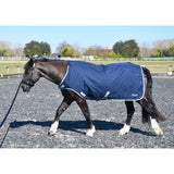 Navy blue walker lunge rug by rhinegold with white trim and reflective strips, a handy horse rug and horse walker rug
