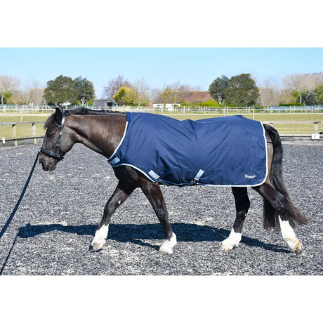 Navy blue walker lunge rug by rhinegold with white trim and reflective strips, a handy horse rug and horse walker rug
