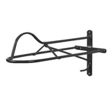 Black metal wall mounted forward seat saddle rack with curved design and mounting bracket for seat saddle racks