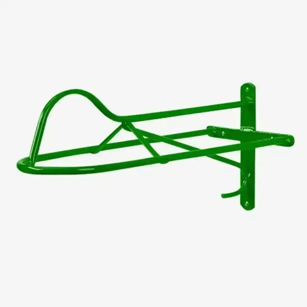 Green metal wall mounted forward seat saddle rack with curved front and mounting bracket for seat saddle racks
