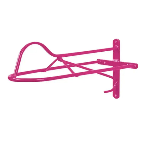 Pink metal wall mounted forward seat saddle rack with curved top bar and mounting bracket for seat saddle racks