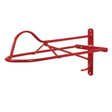 Red metal forward seat saddle rack with curved design and wall mounted bracket for seat saddle racks