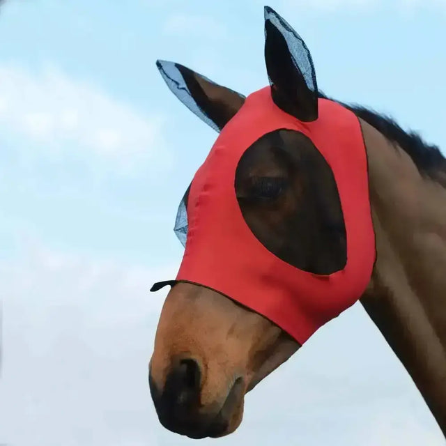 Bright red mesh weatherbeeta stretch bug eye saver fly mask with black trim and ears for horse protection