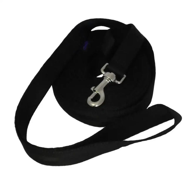 Black fabric webbing lunge rein with 25mm soft webbing, 45cm loop handle, and silver metal clasp retractable leash