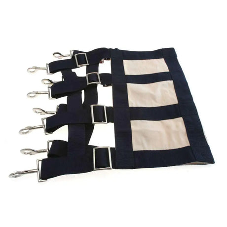Dark blue canvas webbing stall guard with three beige rectangular panels and silver metal buckles and d-rings