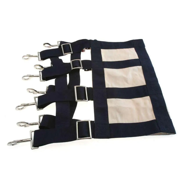 Dark blue canvas webbing stall guard with three beige rectangular panels and silver metal buckles and d-rings