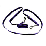 Purple woven webbing tracking trailing lead with black trim and silver metal clasps for equestrian use