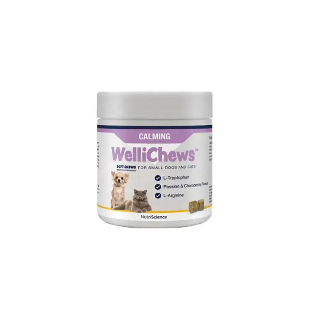White cylindrical container of wellichews calming soft chews with purple label featuring dog and cat for small pets