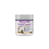 White cylindrical container of wellichews calming soft chews with purple label featuring dog and cat for small pets