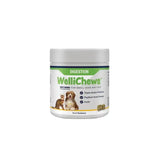 White cylindrical container of wellichews digestion soft chews with green label showing small dogs and cats for digestion support
