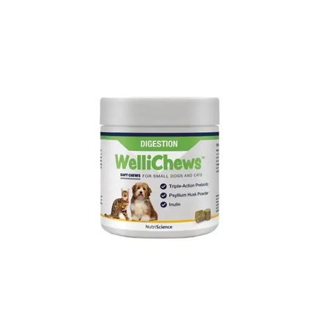 White cylindrical container of wellichews digestion soft chews with green label showing small dogs and cats for digestion support