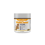 White cylindrical container of wellichews joints mobility soft chews for small dogs with orange and navy label