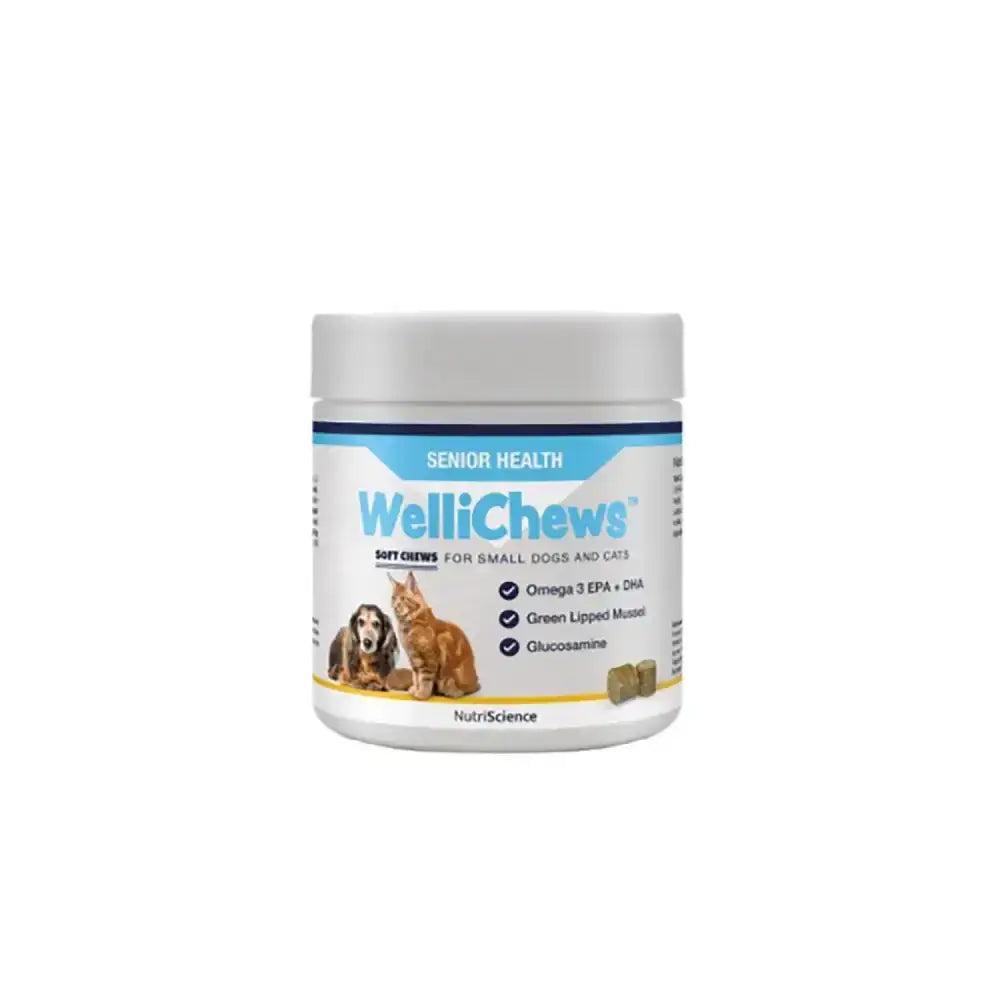 White cylindrical container of wellichews senior soft chews with blue label showing dog and cat for small pets senior health