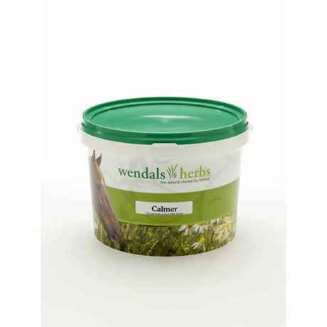 Green-lidded plastic tub of wendals calmer herbal supplement for excitable horses and horse vitamins