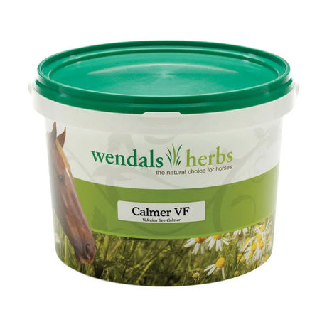 Green-lidded plastic tub of wendals calmer valerian free herbal supplement for horses featuring wendals calmer formula