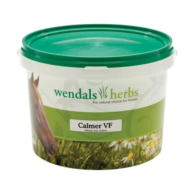 Green-lidded plastic tub of wendals calmer valerian free herbal supplement for horses featuring wendals calmer formula