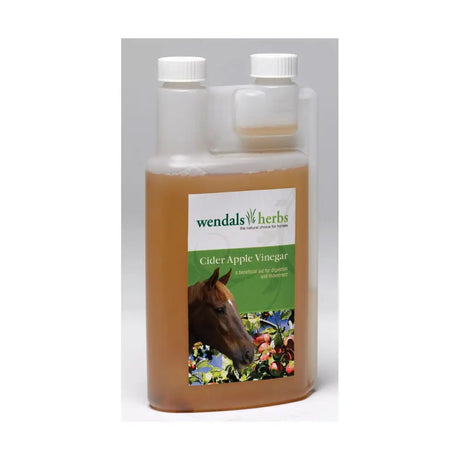 A clear plastic bottle of Wendals cider apple vinegar with a white cap and horse label for optimising mobility