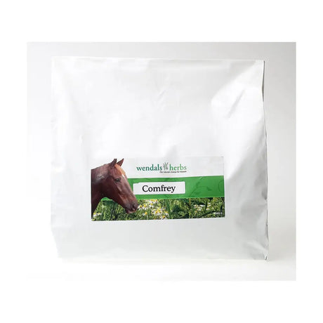 White pouch of wendals comfrey herbal powder with green label showing brown horse for maintain natural healing horse supplements