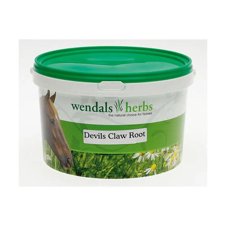 Green and white plastic tub of wendal’s devil’s claw herbal supplement to reduce winter stiffness in horses