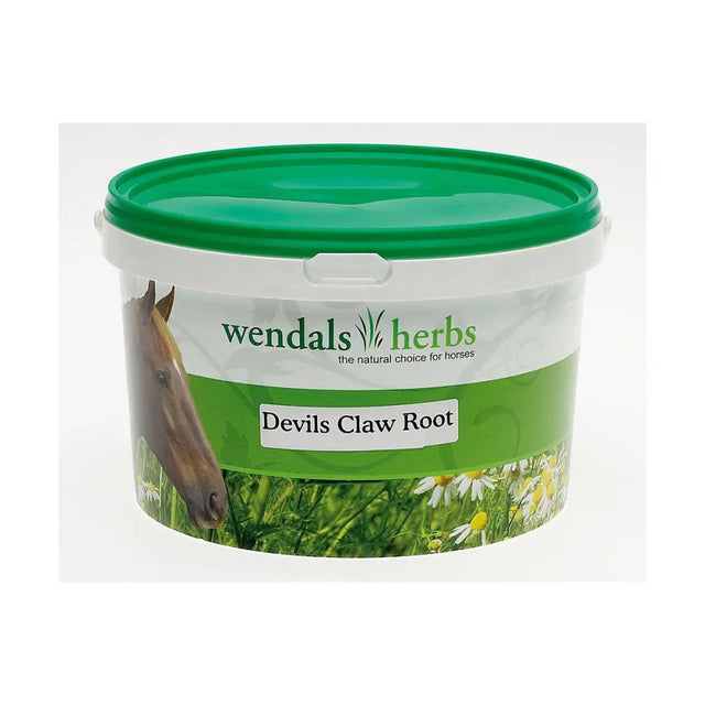 Green and white plastic tub of wendal’s devil’s claw herbal supplement to reduce winter stiffness in horses