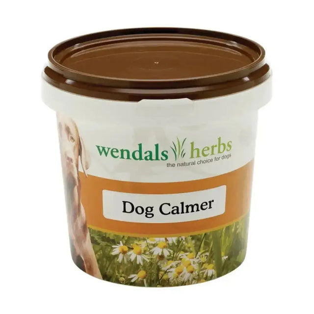 Wendals dog calmer in white plastic tub with brown lid featuring a dog and daisies label with pure herbs including chamomile dog supplements