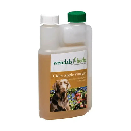 A clear plastic bottle with a green cap and white lid containing amber wendals dog cider apple vinegar