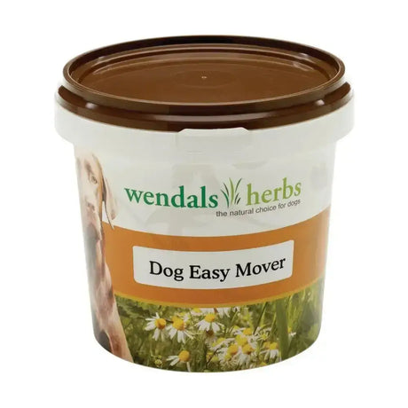 A white plastic tub with a brown lid labeled wendals dog easy mover dog supplements featuring a dog and daisies