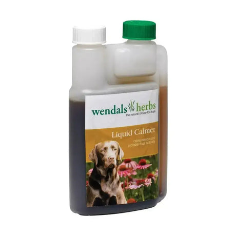 A transparent plastic bottle with green cap and dark liquid labeled wendals dog liquid calmer original calmer for dogs