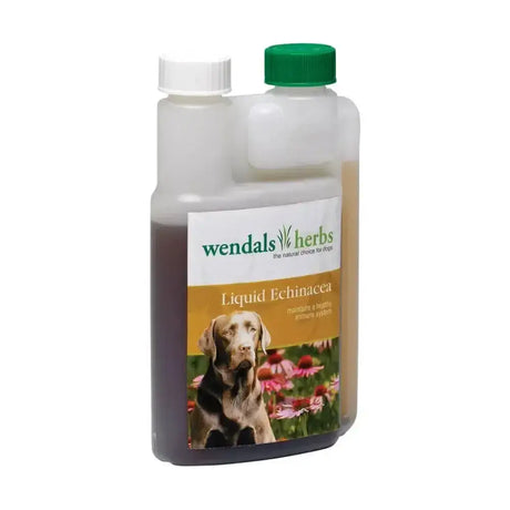 Clear plastic bottle with green cap of wendals dog liquid echinacea for dogs natural immunity support