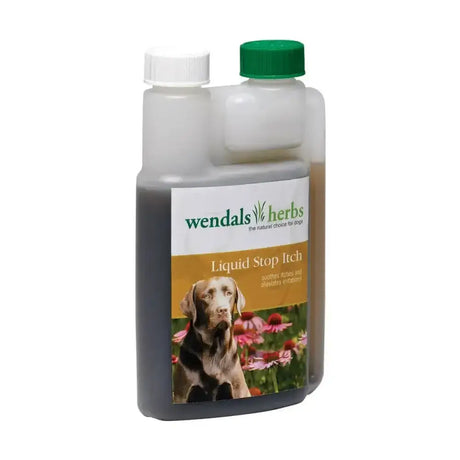 A translucent plastic bottle of wendals dog liquid with green cap containing dark liquid for original liquid stop itch