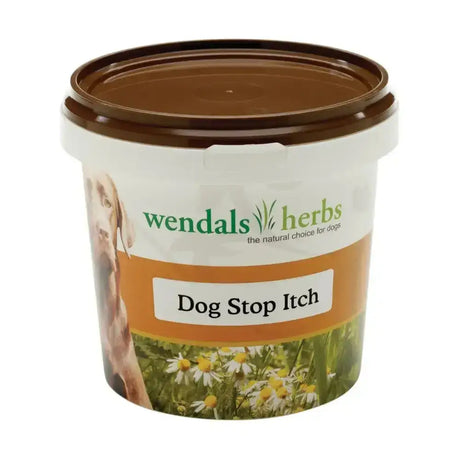A white plastic tub with a brown lid labeled wendals dog stop itch featuring a dog and daisies special mixture designed