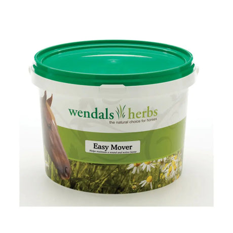 Green-lidded plastic tub of wendals easy mover horse supplements with specially selected herbs and a horse with daisies label
