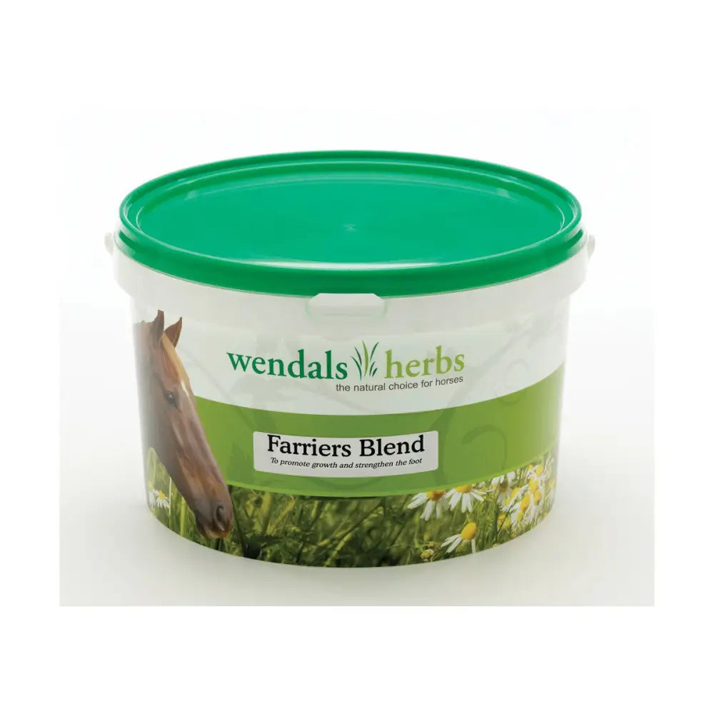 Green-lidded plastic tub of wendals farriers blend horse hoof supplement for healthy hooves and overall care