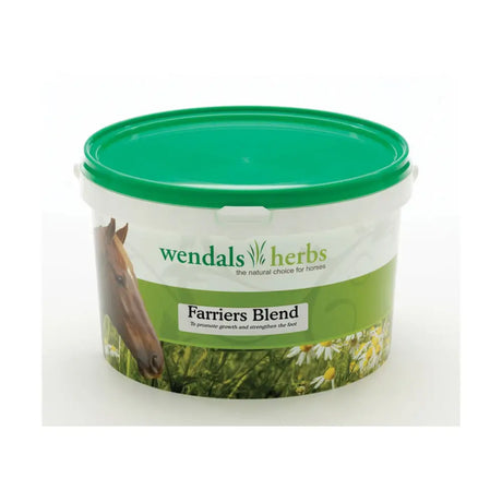 Green-lidded plastic tub of wendals farriers blend horse hoof supplement for healthy hooves and overall care
