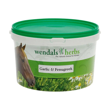 Green-lidded plastic tub of wendals garlic and fenugreek horse supplements with label showing brown horse and daisy field