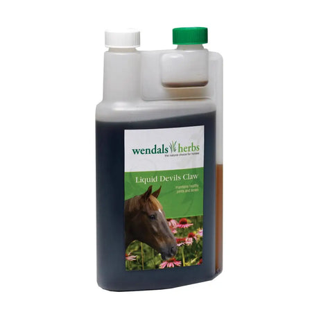 Wendal’s liquid devil’s claw supplement in a clear plastic bottle with green cap featuring a horse image and native african plant benefits