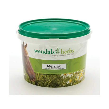 Green-lidded plastic tub of wendals melanix natural horse supplement with horse and daisies label for horse vitamins