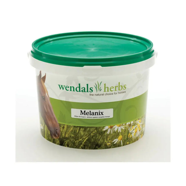 Green-lidded plastic tub of wendals melanix natural horse supplement with horse and daisies label for horse vitamins