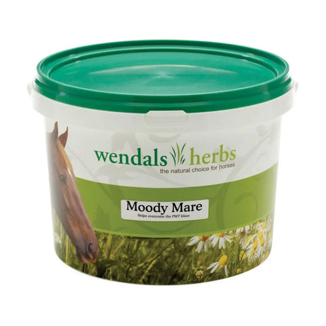 Green-lidded plastic tub of wendals moody mare horse supplement for behavioural problems during oestrous cycle
