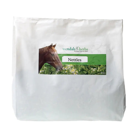 White resealable bag of wendals nettles horse supplements with a green label showing a brown horse grazing in grass