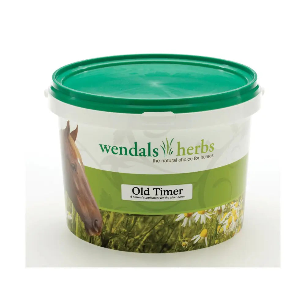 Green-lidded plastic tub of wendal’s old timer horse vitamins for veteran horse natural supplement for older horses