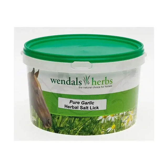Green-lidded plastic tub of Wendals pure garlic herbal salt lick for natural garlic salt lick use