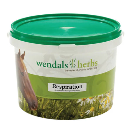 Green-lidded plastic tub of wendals respiration supplement with liquorice root included and blend naturally soothes